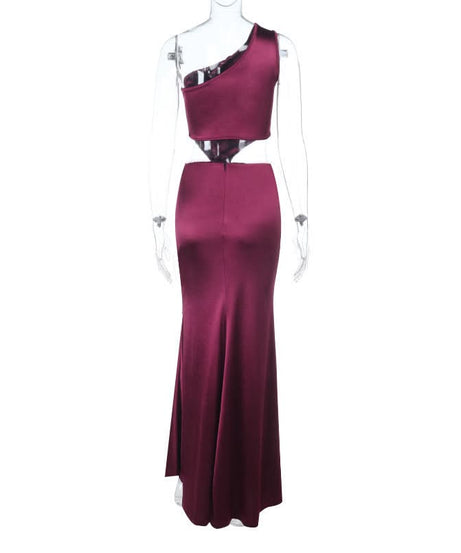 Elegant Wine Satin One-Shoulder Cutout Maxi Dress - Fall & Holiday Party Ready