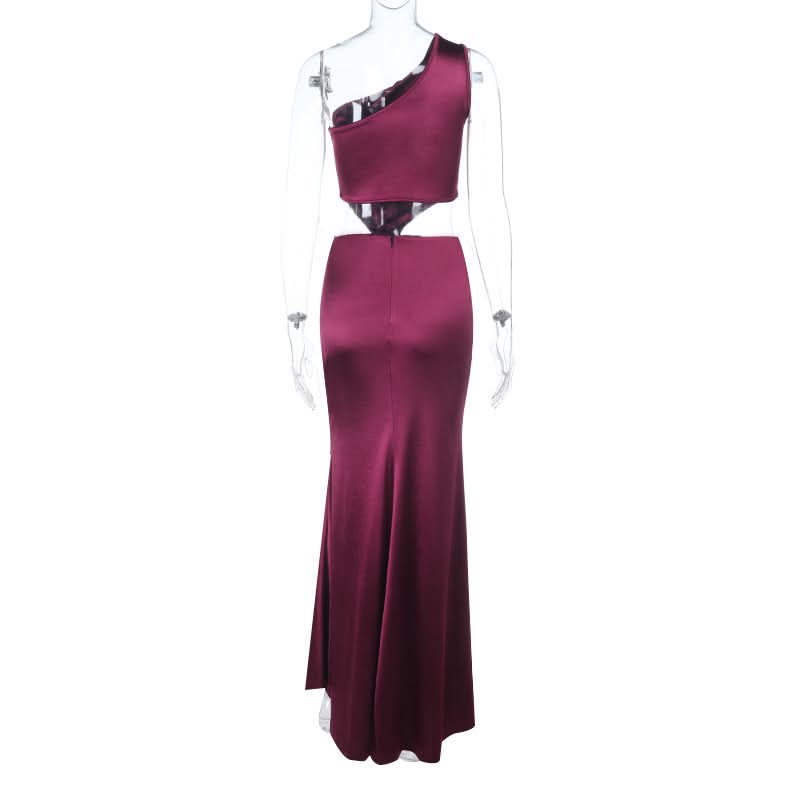 Elegant Wine Satin One-Shoulder Cutout Maxi Dress - Fall & Holiday Party Ready