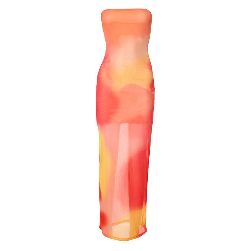 Vibrant Sunset Ombre Mesh Tube Maxi Dress - Sheer Resort & Getaway Style