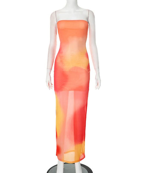 Vibrant Sunset Ombre Mesh Tube Maxi Dress - Sheer Resort & Getaway Style