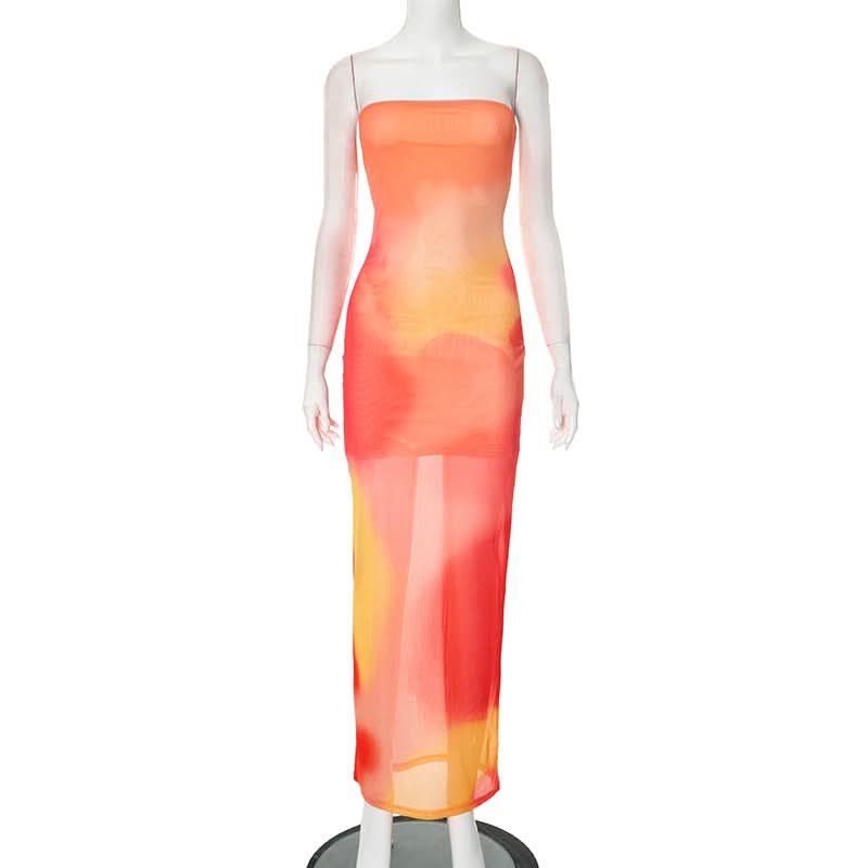 Vibrant Sunset Ombre Mesh Tube Maxi Dress - Sheer Resort & Getaway Style