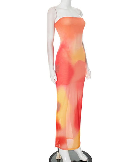 Vibrant Sunset Ombre Mesh Tube Maxi Dress - Sheer Resort & Getaway Style