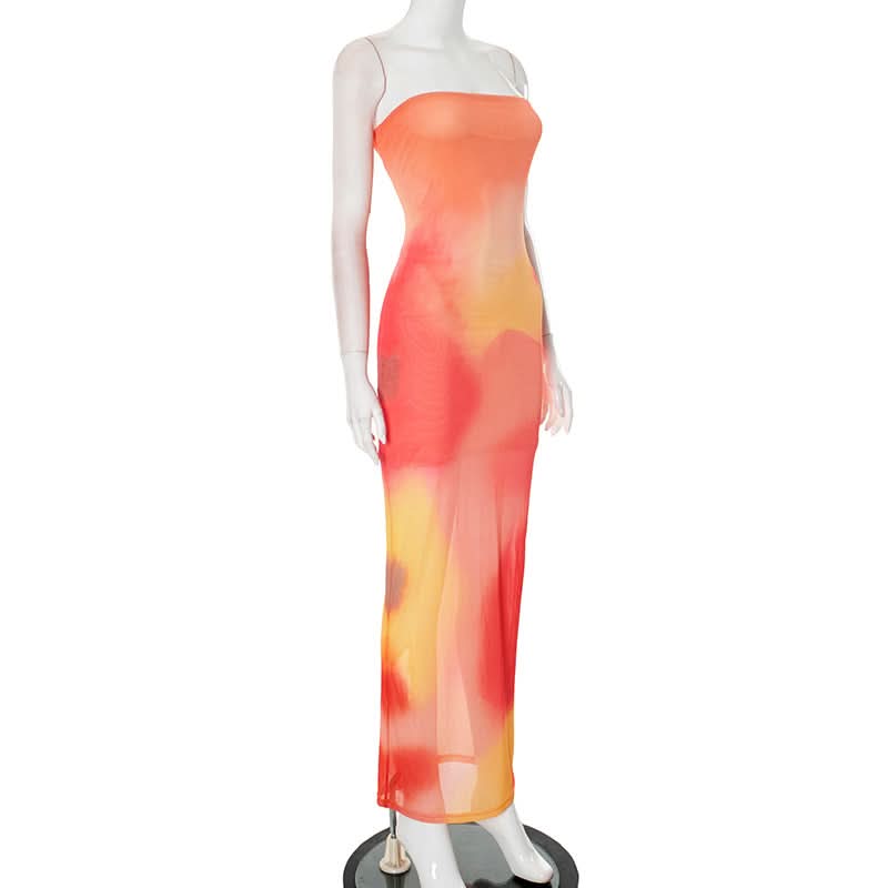 Vibrant Sunset Ombre Mesh Tube Maxi Dress - Sheer Resort & Getaway Style
