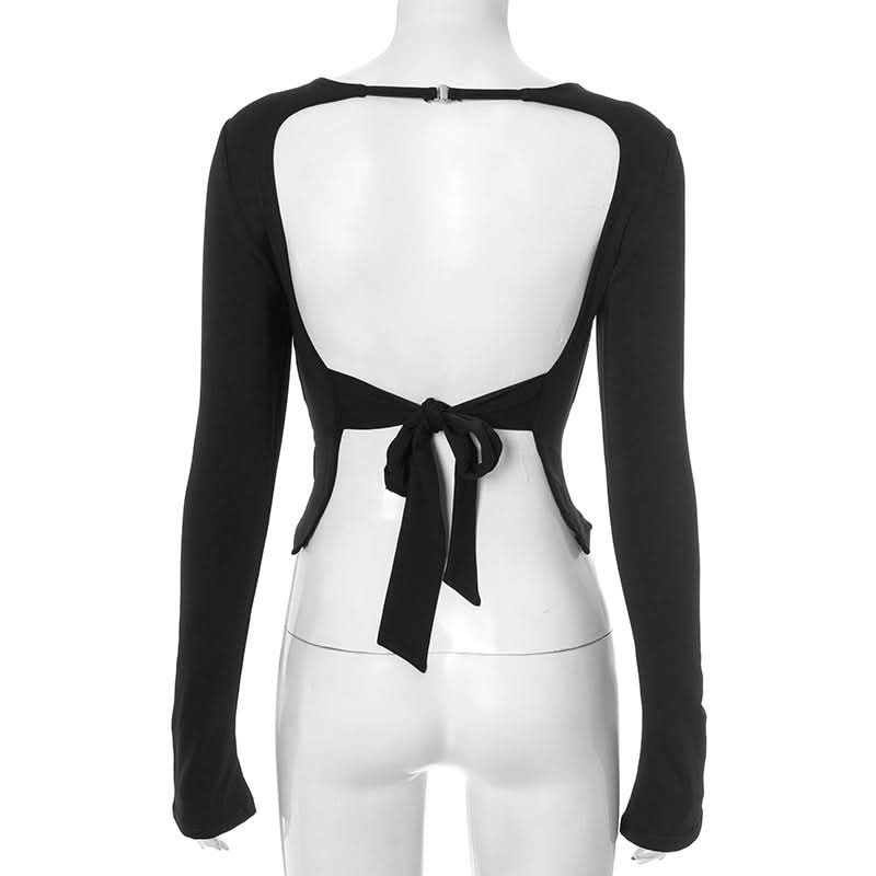 Sultry Chic Black Tie-Back Long Sleeve Crop Top – Your Go-To for Fall Nights & Holiday Glam
