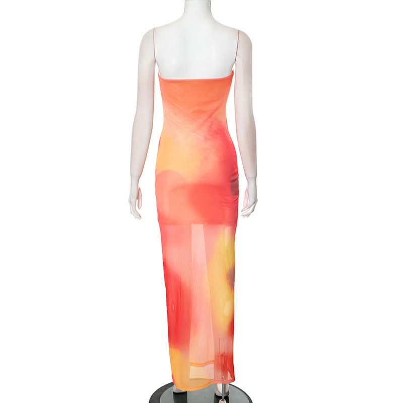 Vibrant Sunset Ombre Mesh Tube Maxi Dress - Sheer Resort & Getaway Style