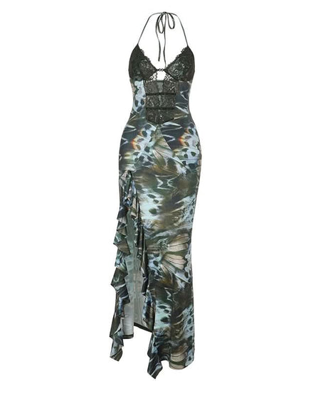 Enchanted Forest Lace Halter Maxi Dress - Fall Butterfly Ruffle Gown