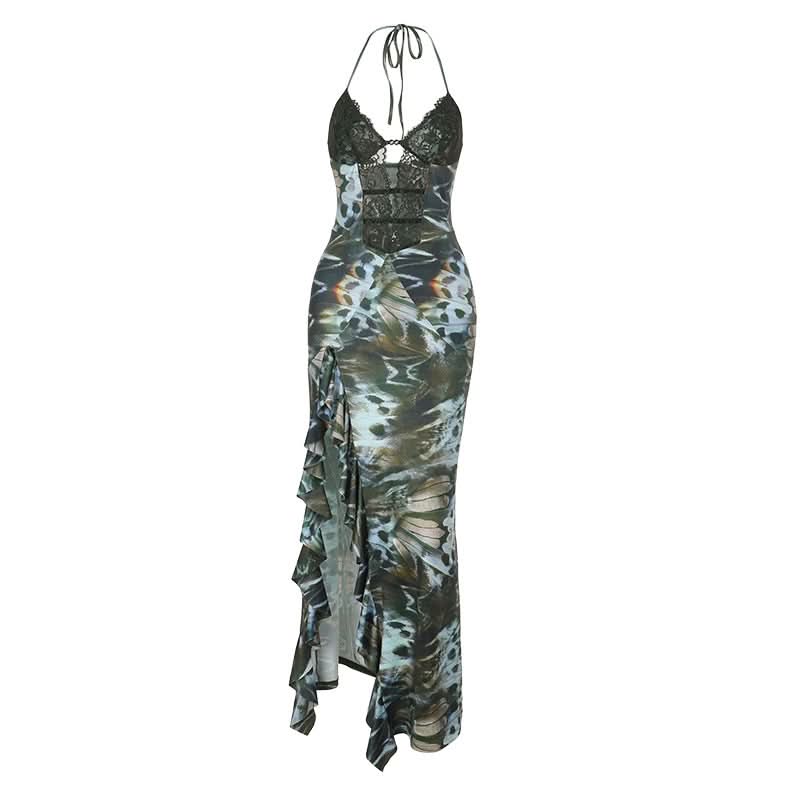 Enchanted Forest Lace Halter Maxi Dress - Fall Butterfly Ruffle Gown