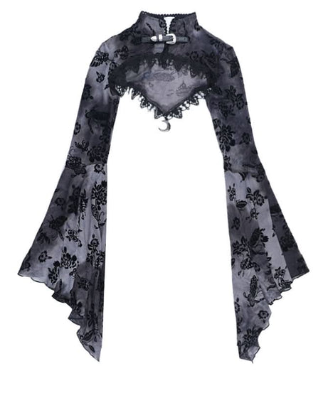 Ethereal Enchantress Flocked Velvet Mesh Top | Gothic Bell Sleeve Fall & Halloween Blouse