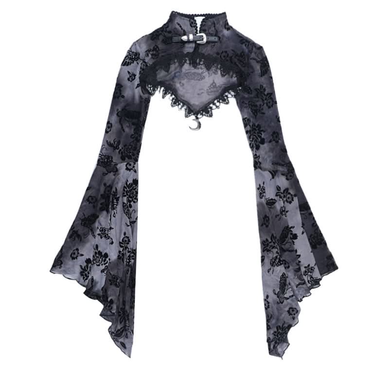 Ethereal Enchantress Flocked Velvet Mesh Top | Gothic Bell Sleeve Fall & Halloween Blouse