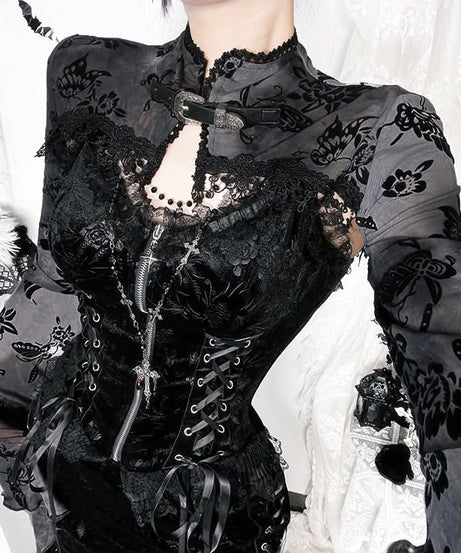 Ethereal Enchantress Flocked Velvet Mesh Top | Gothic Bell Sleeve Fall & Halloween Blouse