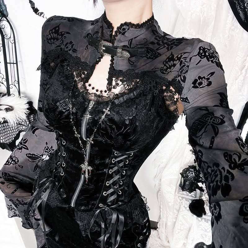 Ethereal Enchantress Flocked Velvet Mesh Top | Gothic Bell Sleeve Fall & Halloween Blouse
