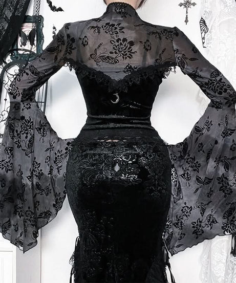 Ethereal Enchantress Flocked Velvet Mesh Top | Gothic Bell Sleeve Fall & Halloween Blouse