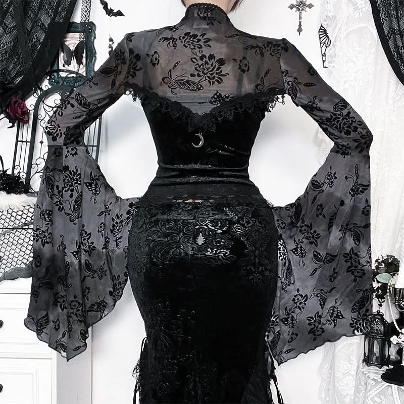 Ethereal Enchantress Flocked Velvet Mesh Top | Gothic Bell Sleeve Fall & Halloween Blouse