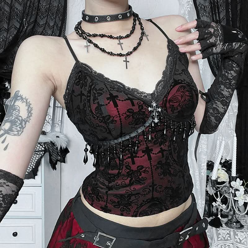 Bewitching Gothic Lace & Cross Cami Top - Your Perfect Halloween & Fall Party Statement Piece