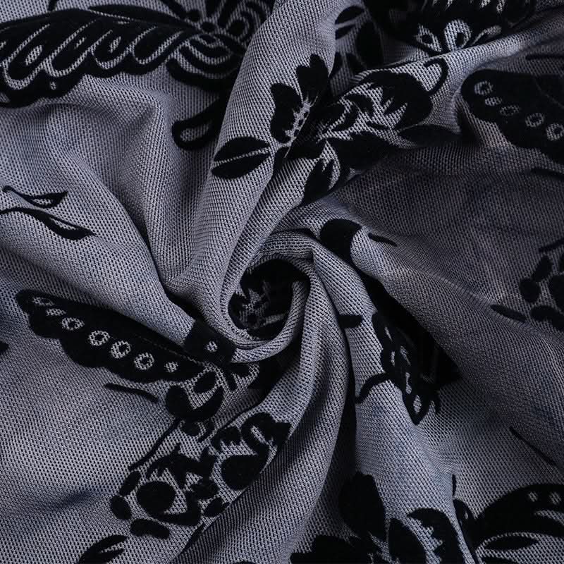 Ethereal Enchantress Flocked Velvet Mesh Top | Gothic Bell Sleeve Fall & Halloween Blouse