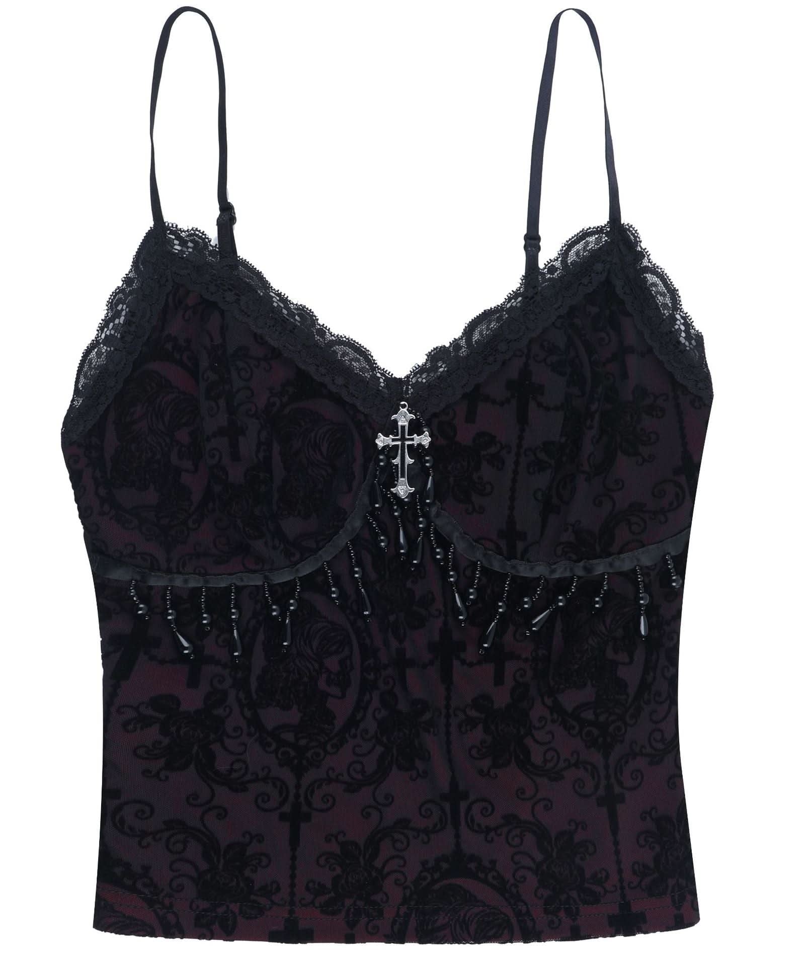 Bewitching Gothic Lace & Cross Cami Top - Your Perfect Halloween & Fall Party Statement Piece