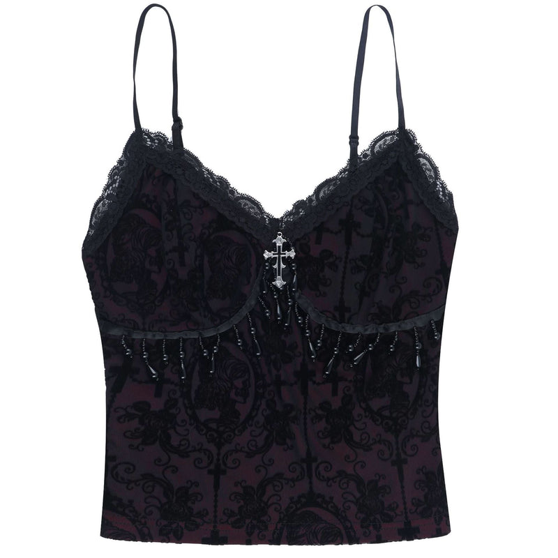 Bewitching Gothic Lace & Cross Cami Top - Your Perfect Halloween & Fall Party Statement Piece