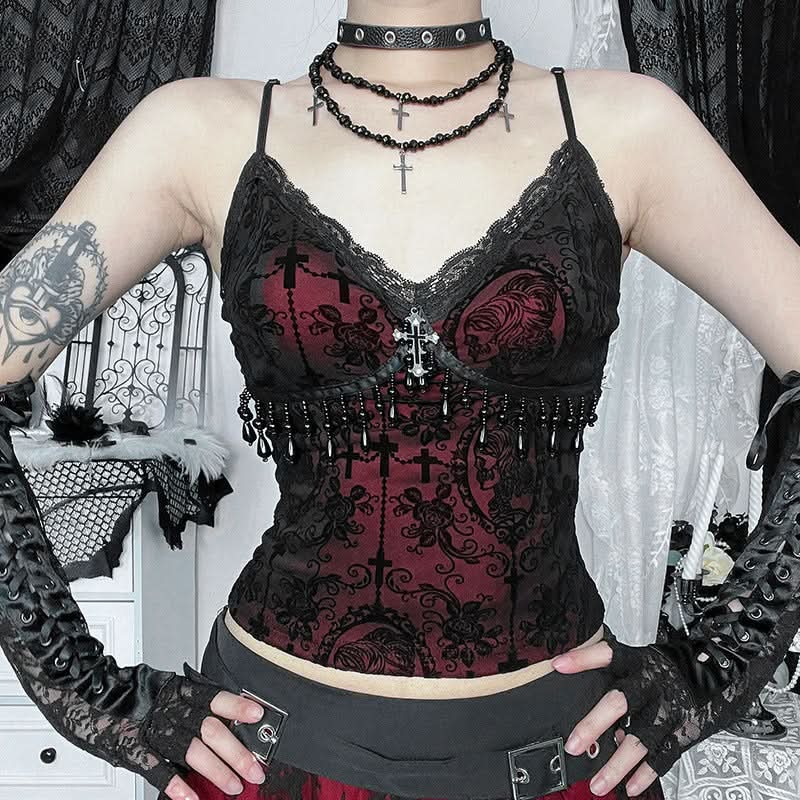 Bewitching Gothic Lace & Cross Cami Top - Your Perfect Halloween & Fall Party Statement Piece