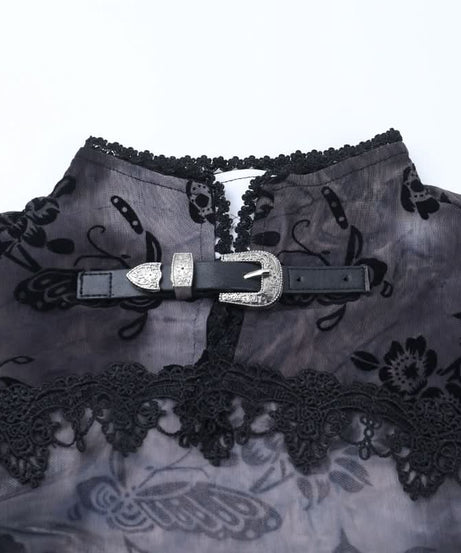 Ethereal Enchantress Flocked Velvet Mesh Top | Gothic Bell Sleeve Fall & Halloween Blouse