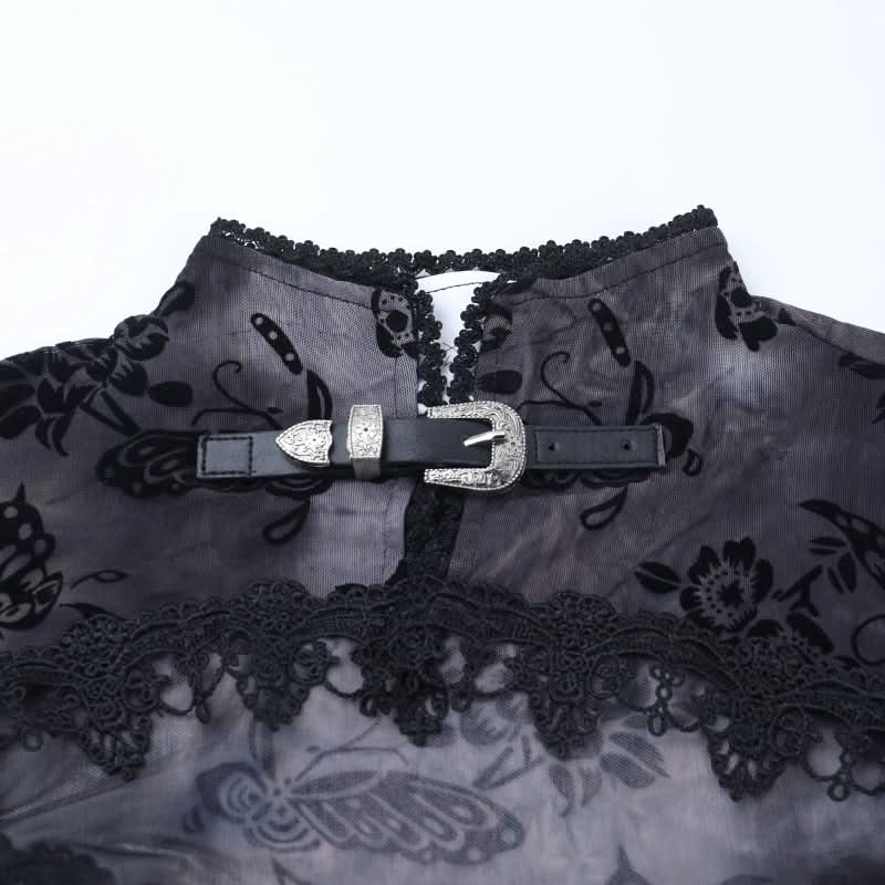 Ethereal Enchantress Flocked Velvet Mesh Top | Gothic Bell Sleeve Fall & Halloween Blouse