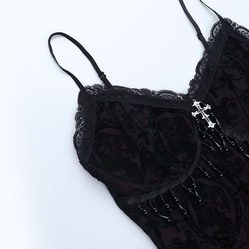 Bewitching Gothic Lace & Cross Cami Top - Your Perfect Halloween & Fall Party Statement Piece