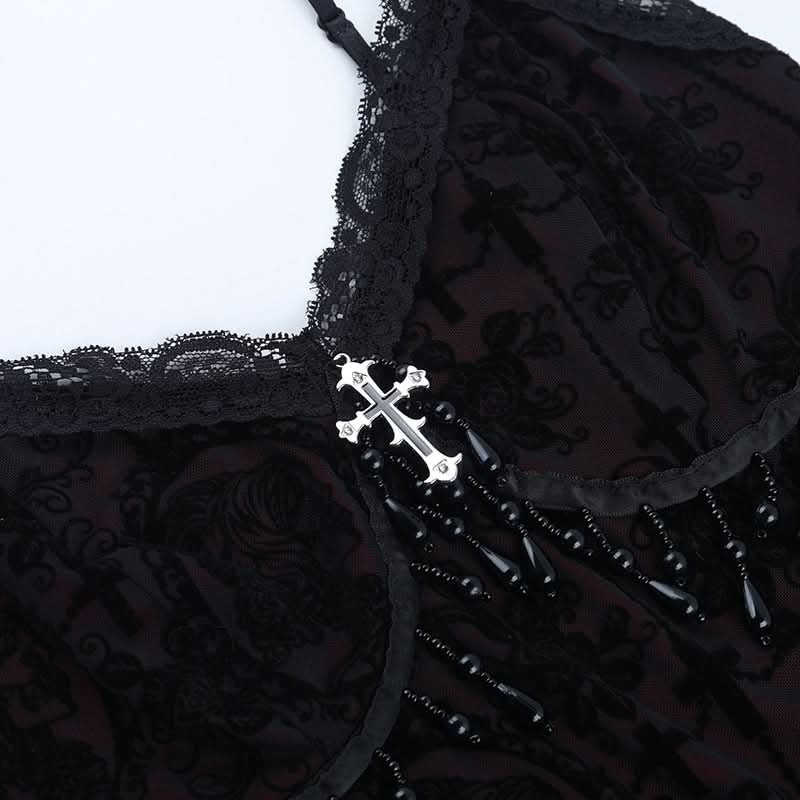 Bewitching Gothic Lace & Cross Cami Top - Your Perfect Halloween & Fall Party Statement Piece