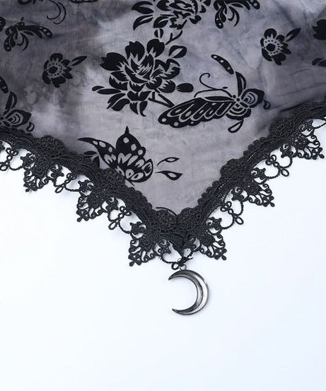 Ethereal Enchantress Flocked Velvet Mesh Top | Gothic Bell Sleeve Fall & Halloween Blouse