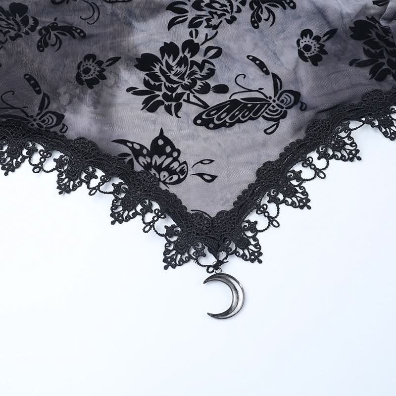 Ethereal Enchantress Flocked Velvet Mesh Top | Gothic Bell Sleeve Fall & Halloween Blouse