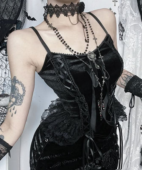 Bewitching Black Velvet Corset Cami Top - Gothic Lace-Up Style for Fall & Halloween