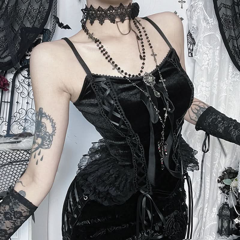 Bewitching Black Velvet Corset Cami Top - Gothic Lace-Up Style for Fall & Halloween