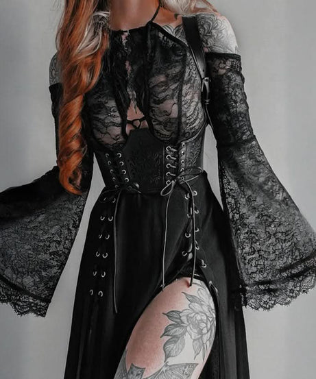 Mystical Lace-Up Bell Sleeve Crop Top - Gothic Halter for Fall & Halloween