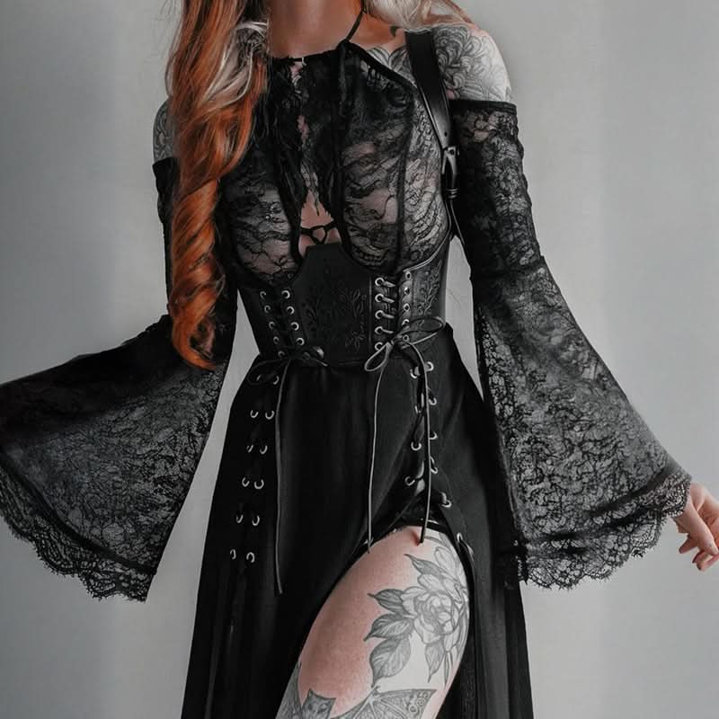 Mystical Lace-Up Bell Sleeve Crop Top - Gothic Halter for Fall & Halloween