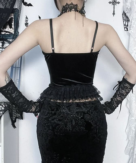 Bewitching Black Velvet Corset Cami Top - Gothic Lace-Up Style for Fall & Halloween