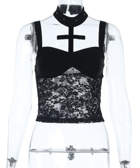Dark Romance Black Lace & Velvet Cross Corset Top - Spooky Season & Fall Fashion Essential