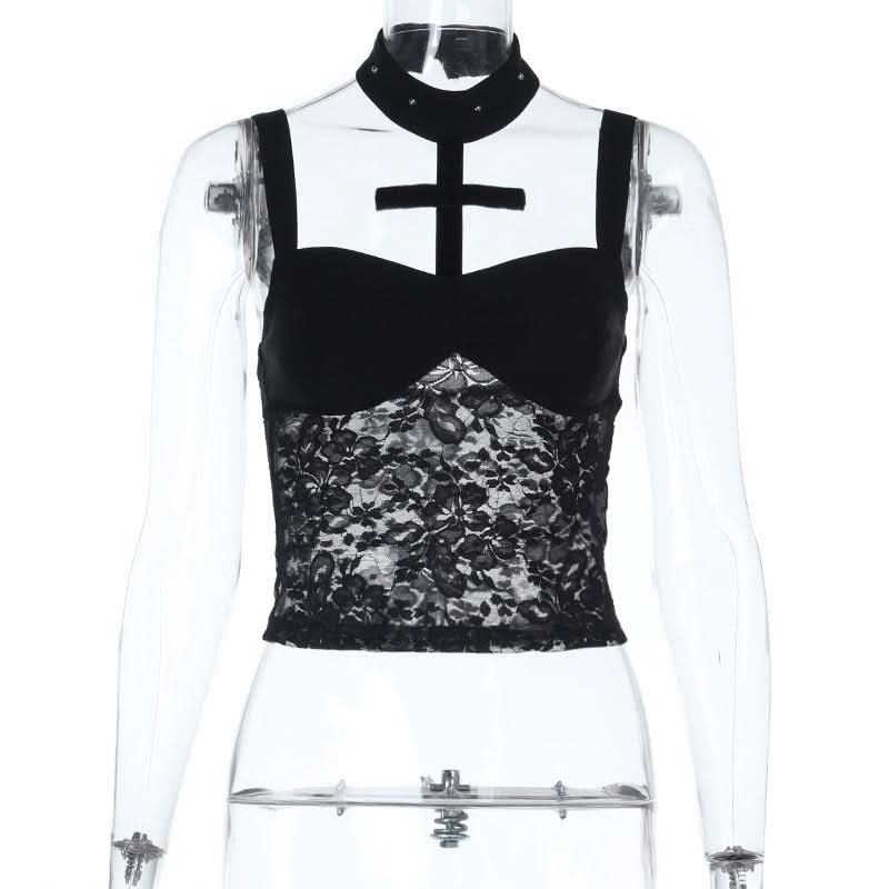 Dark Romance Black Lace & Velvet Cross Corset Top - Spooky Season & Fall Fashion Essential