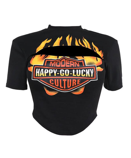 Hot Girl Fall Flame Cut-Out Crop Top | Modern Happy-Go-Lucky Graphic Tee for Women