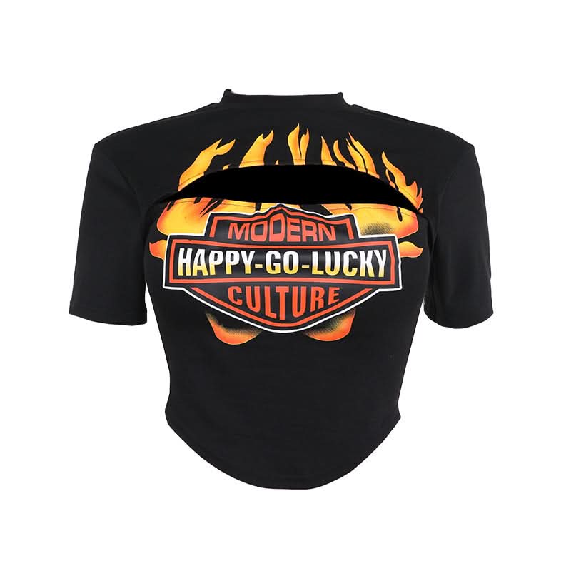 Hot Girl Fall Flame Cut-Out Crop Top | Modern Happy-Go-Lucky Graphic Tee for Women