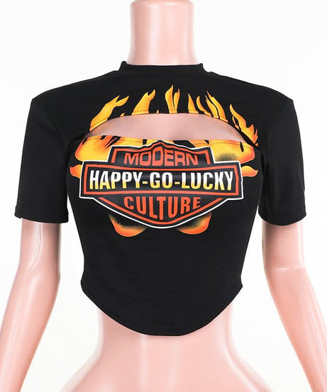 Hot Girl Fall Flame Cut-Out Crop Top | Modern Happy-Go-Lucky Graphic Tee for Women