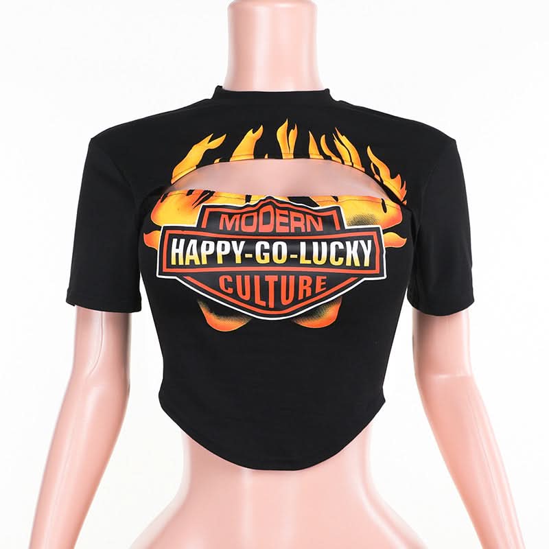 Hot Girl Fall Flame Cut-Out Crop Top | Modern Happy-Go-Lucky Graphic Tee for Women