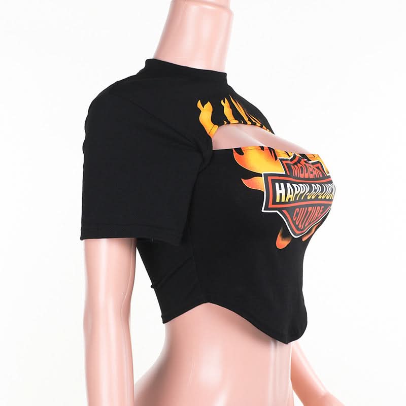 Hot Girl Fall Flame Cut-Out Crop Top | Modern Happy-Go-Lucky Graphic Tee for Women