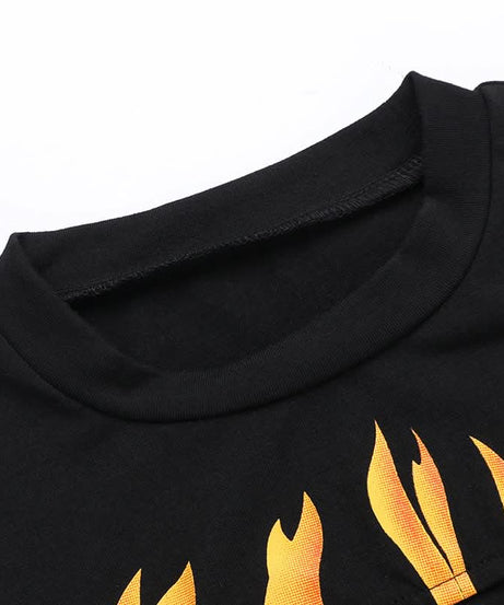 Hot Girl Fall Flame Cut-Out Crop Top | Modern Happy-Go-Lucky Graphic Tee for Women