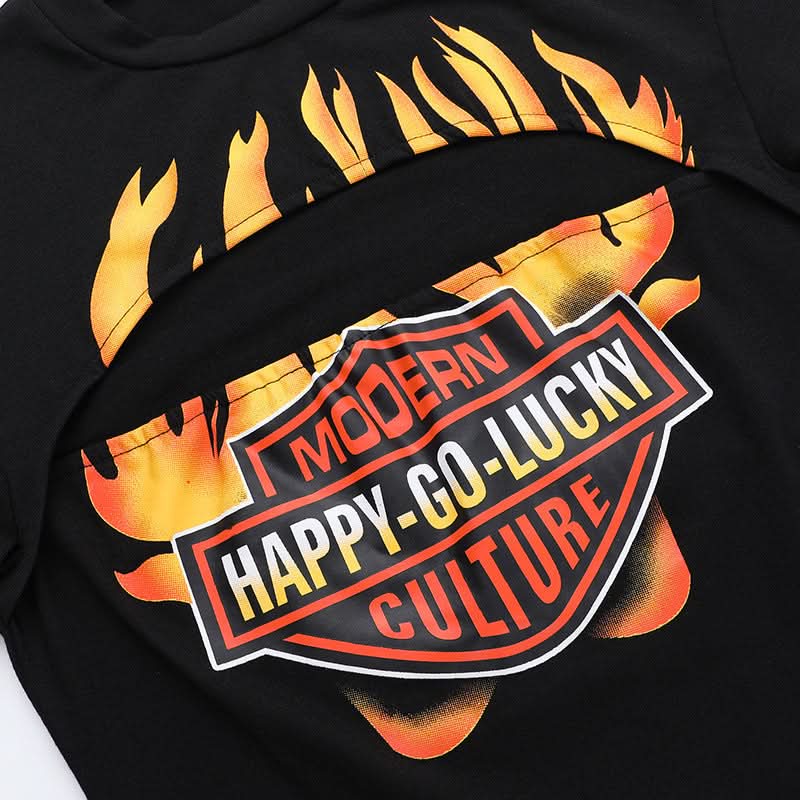Hot Girl Fall Flame Cut-Out Crop Top | Modern Happy-Go-Lucky Graphic Tee for Women