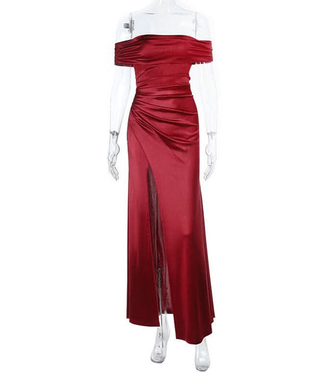 Lustrous Red Off-Shoulder Ruched Slit Maxi Gown | Your Showstopping Holiday & Gala Dress