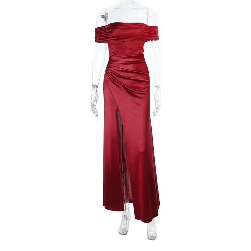 Lustrous Red Off-Shoulder Ruched Slit Maxi Gown | Your Showstopping Holiday & Gala Dress