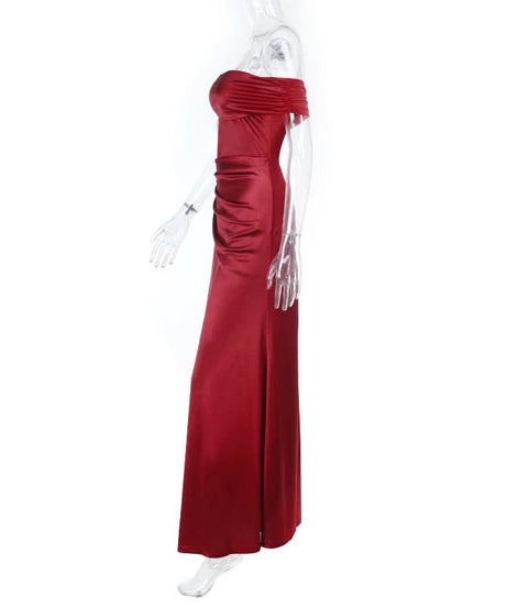 Lustrous Red Off-Shoulder Ruched Slit Maxi Gown | Your Showstopping Holiday & Gala Dress