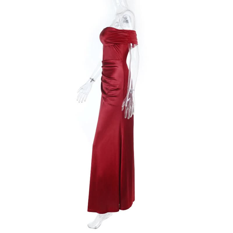 Lustrous Red Off-Shoulder Ruched Slit Maxi Gown | Your Showstopping Holiday & Gala Dress