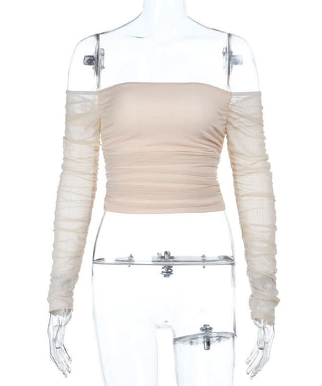 Chic Fall Nights: Off-Shoulder Ruched Mesh Long Sleeve Crop Top