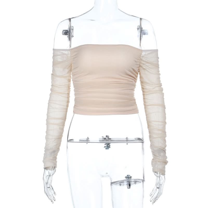 Chic Fall Nights: Off-Shoulder Ruched Mesh Long Sleeve Crop Top