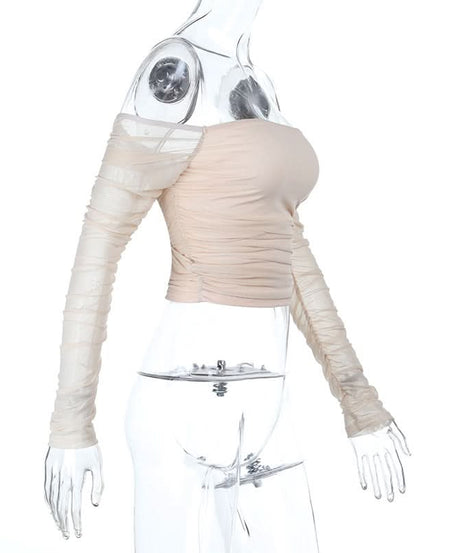 Chic Fall Nights: Off-Shoulder Ruched Mesh Long Sleeve Crop Top