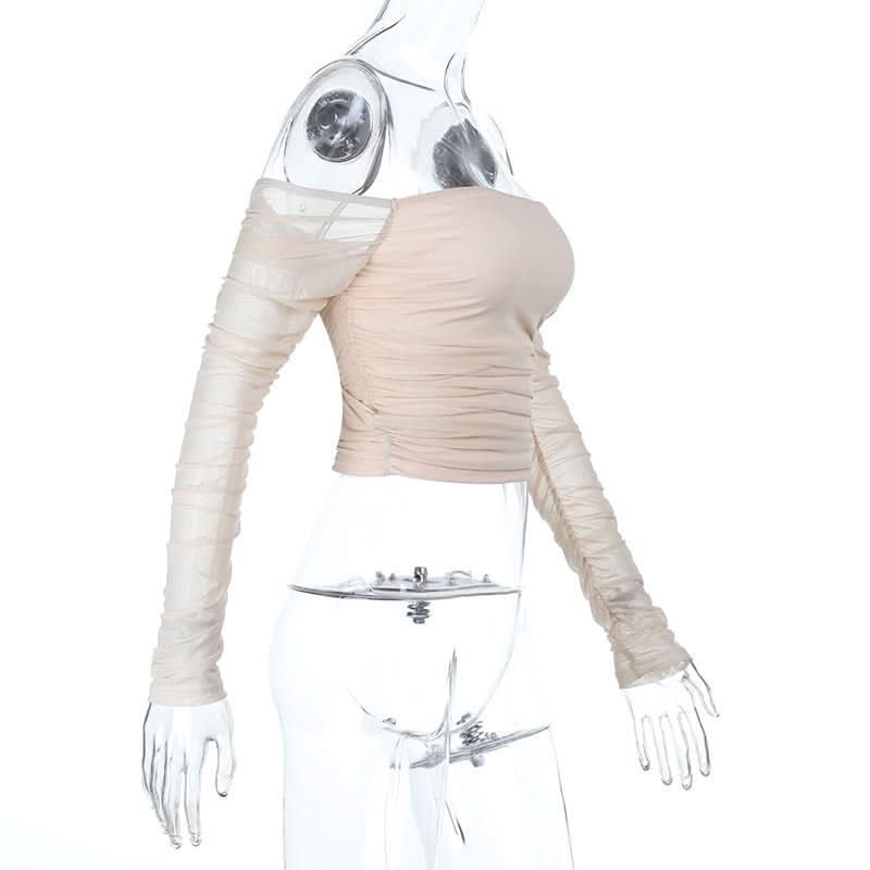 Chic Fall Nights: Off-Shoulder Ruched Mesh Long Sleeve Crop Top